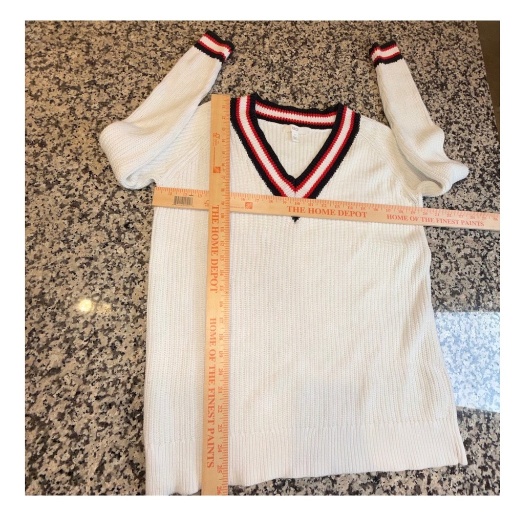 Mens preppy White Red Black Trim V Neck Long Sleeve Knit Casual Pullover M - Picture 4 of 4